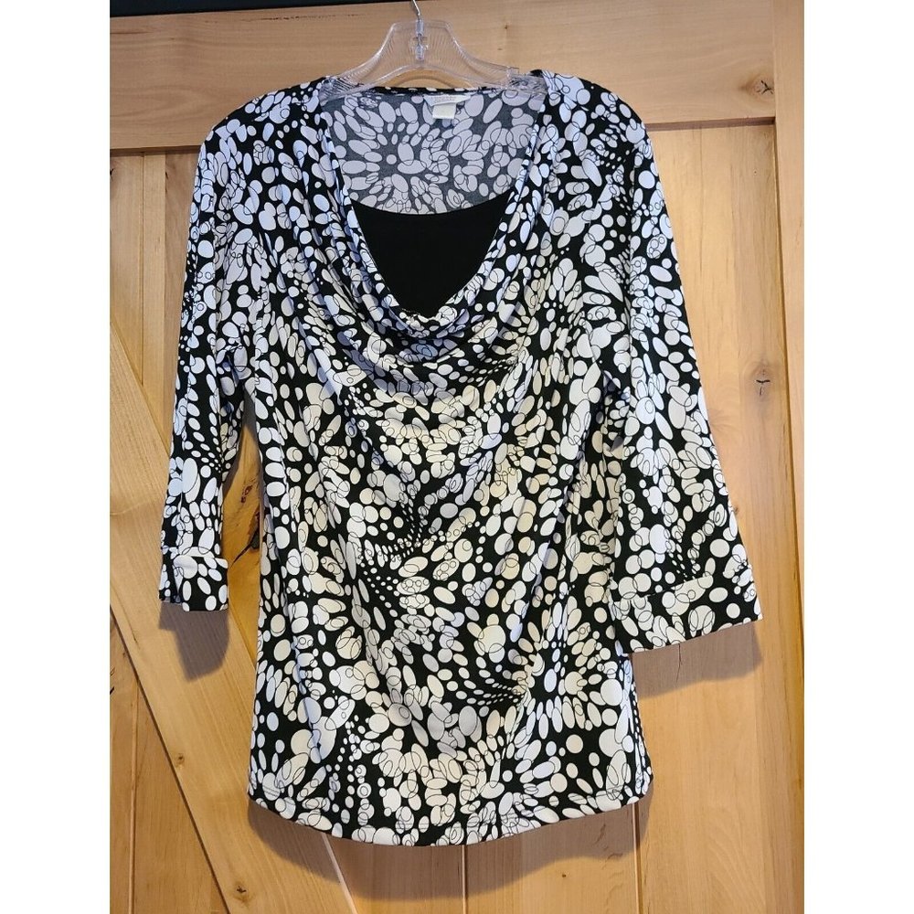 Christopher & Banks Women's Size L Cowl Neck Black White Abstract Shirt Modest
